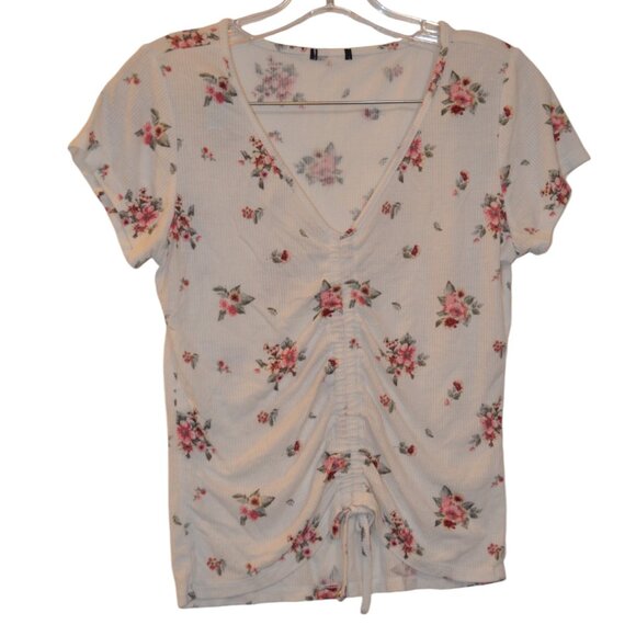 Soft Tender Corduroy Texture Fabric White Red-Green Floral V-Neck Tie-Down Top S - Picture 1 of 9